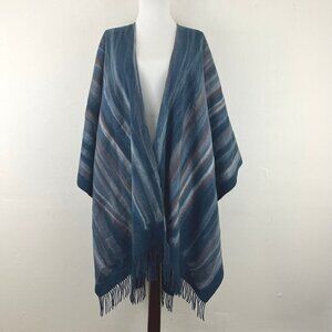 Chico’s Womens  Ruana Covering Wrap Blue Stripped Fringed OS NEW